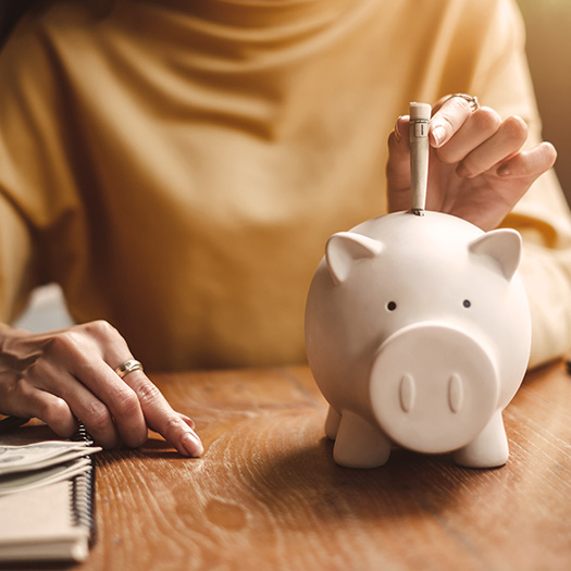 Woman hand putting money bank note dollar into piggy for saving money wealth and financial concept.