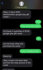Screenshot of a credit card scammer texting someone asking for Google Play gift cards.
