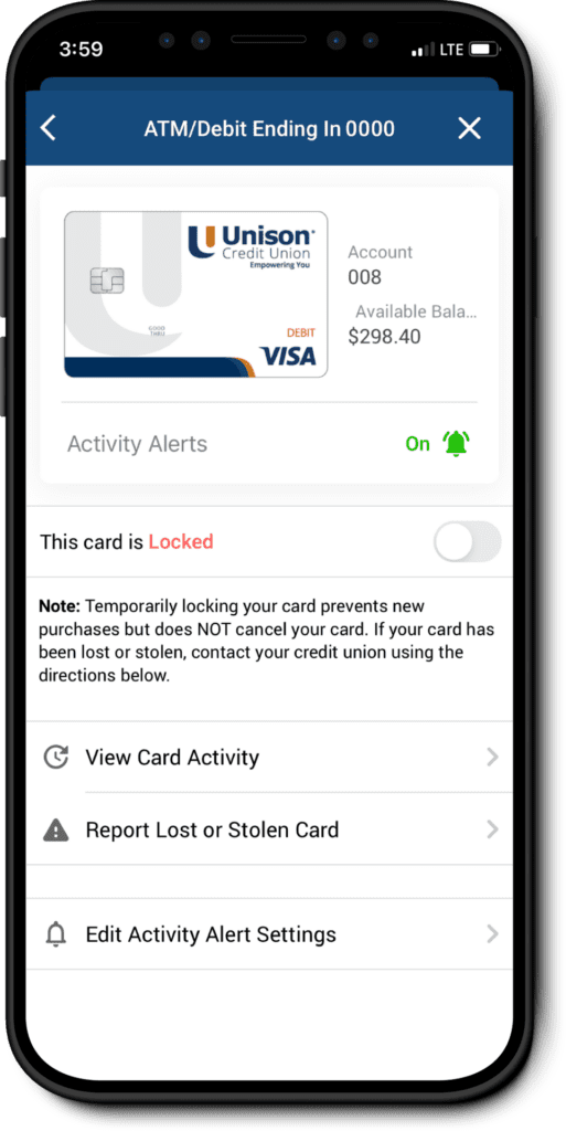 Mobile view of Locking a Card on UnisonCU mobile app