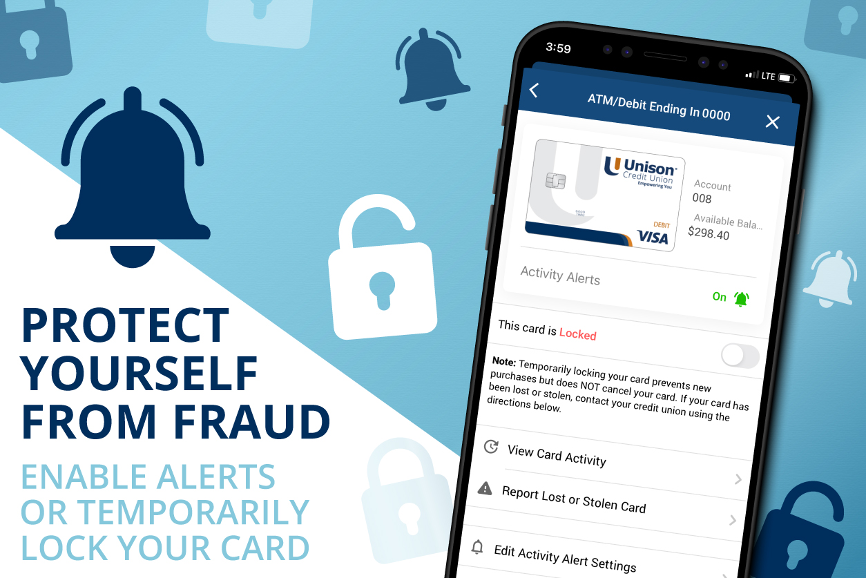 Phone screen displaying how to enable alerts and temporarily lock your card