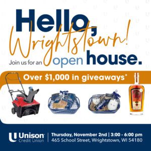 An advertisement for the Wrightstown Open House that features over $1,000 in giveaways. The event will take place Thursday, November 2nd from 3pm-6pm.