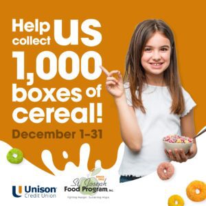 A little girl holding a bowl of cereal pointing at words that says, Help us collect 1,000 boxes of cereal December 1-31.